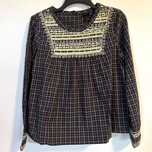 J. Crew Green/Red Plaid Gold Embroidered Long Sleeve Blouse Keyhole Button Back